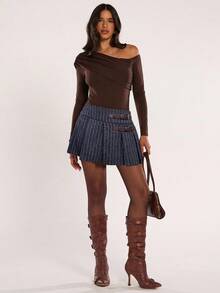 SHEIN BAE Women's Fashion Houndstooth Pleated Skirt - Black - View 5