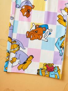 GARFIELD | SHEIN Set Piyama Musim Gugur/Dingin untuk Anak Perempuan Remaja Motif Kartun Beruang Kotak-kotak Warna-warni Atasan Lengan Panjang Berkerah dan Celana Panjang Lebar - MultiWarna - View 8