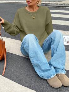 INAWLY 女士休闲纯色毛衣，秋冬 - 橄欖綠 - 查看 5