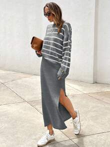 SHEIN Tall Conjunto de suéter de hombros caídos a rayas y falda de punto con abertura para mujer