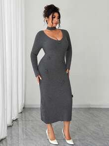 Elenzga Vestido de suéter de punto acanalado con cuello redondo, manga larga, ajustado, con estampado floral en bloques de color talla grande - Gris - Ver 6