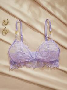 Charlaine 花卉蕾丝、蝴蝶、金属链、闪亮、浅紫色、舒适、日常、法式、意式、浪漫女士内衣文胸 - 淡紫色 - 查看 8