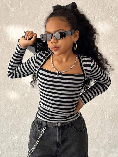 Coolane Kids Tween Girl's Fall/Winter Streetwear Casual  Cute Basic Short Knitted T-Shirt Colorful Stripes, Long Sleeves,Striped,Stretchy,Comfortable,Christmas/New Years