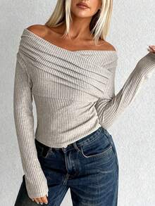 Aloruh 女士休闲优雅露肩修身长袖T恤，适合秋冬季，拉绒 - 杏色 - 查看 2