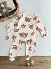 Cozy Pixies 2pcs Baby Cartoon Bear Pattern Knitted Soft Round Neck Long Sleeve Romper & Hat Set, For Baby Boy/Girl - Apricot - View 6