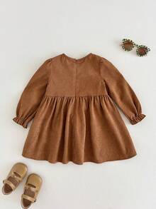 Cozy Pixies Baby Girl Textured Bow Decor Round Neck Long Sleeve Waist Cinched Dress - Brown - View 2