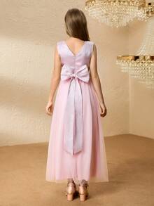 Girls' Princess Long Dress, Metallic Mesh Tulle Party Gown - Pink - View 2