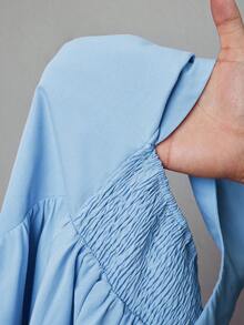 Slaydiva 2025 新款春夏大码女式复古西部/热带/音乐节/俱乐部/公路旅行//休闲/城市休闲/毕业约会/优雅度假/公主风格度假连衣裙，紫红色心形领口拼接甜心领口荷叶边下摆 A 字迷你连衣裙 - 藍色 - 查看 6