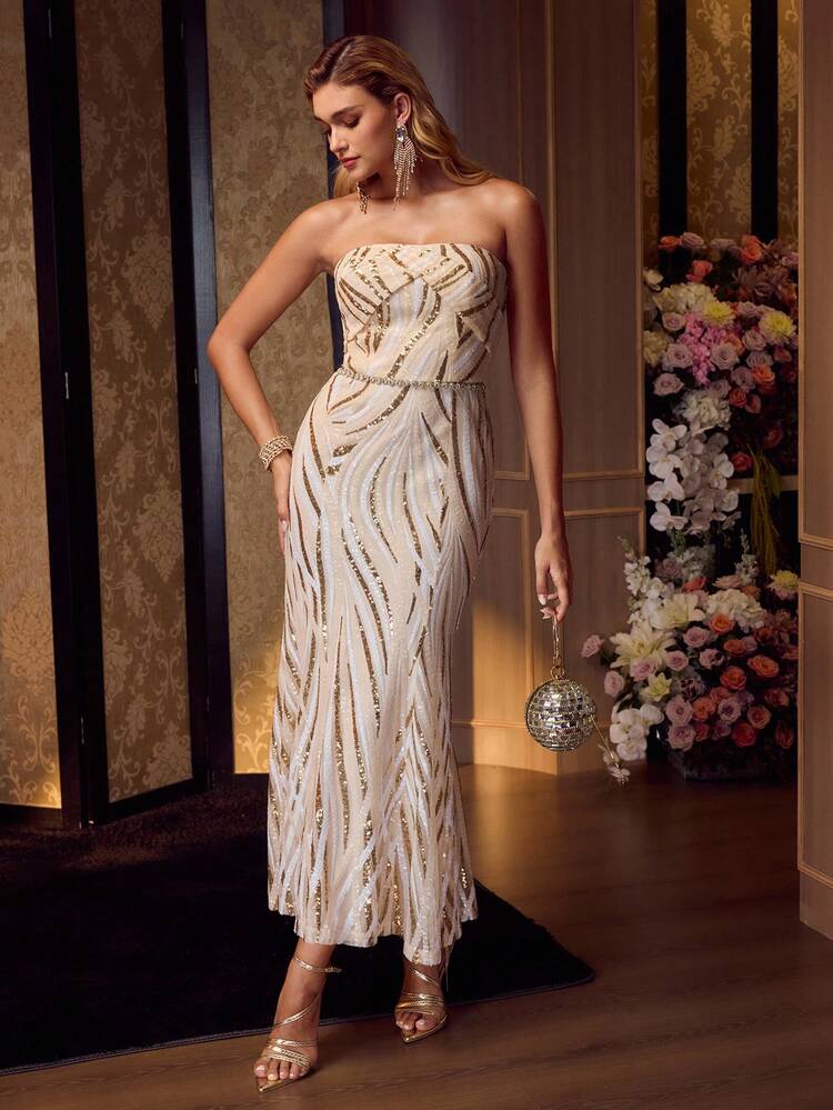 MOTF Soiréza SEQUIN EMBROIDERED TEXTURED 3D BOW BANDEAU MERMAID DRESS, ELEGANT FORMAL GOWN FOR PARTY, BANQUET, COCKTAIL