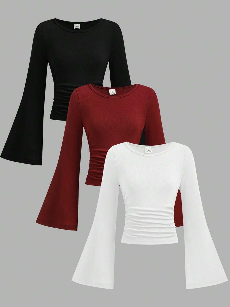Girlism Tween Girls Buy 1 Get 2 Free 3pcs/Set Apricot Red Black/Autumn And Winter/Casual And Versatile/Bell Sleeves/Gathered Details/Knitted Slim-Fit Bottoming Long-Sleeved T-Shirt - Red - View 1