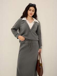 Juhart Bộ đồ 2 món dành cho nữ cỡ lớn, chất liệu dệt kim, kiểu dáng thể thao thường ngày, tay dài, phối màu, gồm áo sweatshirt và chân váy, thích hợp cho mùa thu/đông. - Màu xám đen - Xem 4