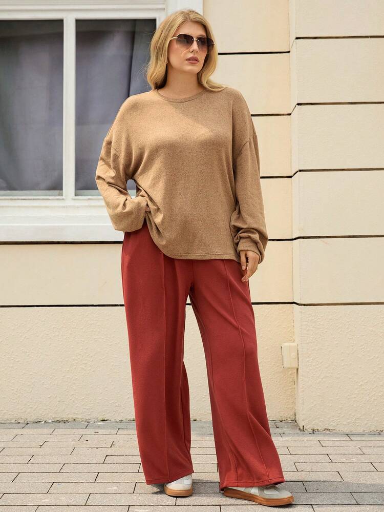 Plus Size Brown 2-Piece Set Women's Round Neck Long Sleeve Top And Pants,Autumn Smart Casual Everyday Minimalist Solid Color Cozy Fall Winter Clothes