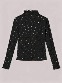 SHEIN EZwear 1 件女式加大码白色波尔卡圆点印花卷边袖口和领口休闲 T 恤，秋冬 T 恤，黑色 T 恤 - 彩色 - 查看 2