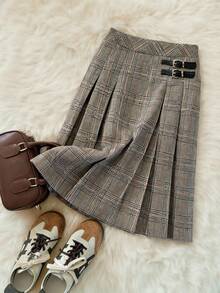 Muvela 女士百褶格纹中长裙，精致双扣装饰，百搭复古学院风，适合毕业典礼、办公、正式场合、优雅都市通勤、日常休闲、浪漫90年代复古风、派对礼服、婚礼宾客、伴娘、女主人、外出、社交活动、音乐会、毕业典礼、早午餐、机场穿搭等场合。 - 彩色 - 查看 1