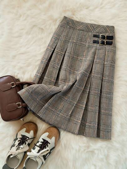 Muvela Women's Pleated Plaid Mid-Length Skirt, Sophisticated Double Button Decor, British Style, Vintage Academic Vibe, Essential Autumn/Winter Piece For Office, Commute, Casual, Travel, Afternoon Tea