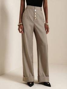 SHEIN Veneréa Fashionable & Versatile Metal Buckle Striped Wide Leg Pants - Khaki - View 7