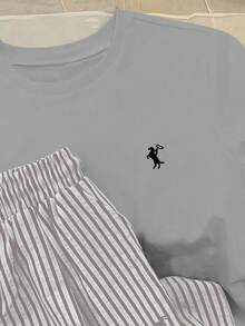 INAWLY 圆领刺绣短袖上衣+条纹印花裤套装，欧美风 - 灰色 - 查看 3