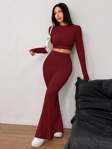SHEIN EZwear 2 件套女式休闲纯色针织圆领长袖短款修身 T 恤和高腰喇叭裤 - 酒紅色 - 查看 6