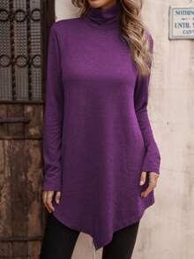 SHEIN LUNE Women's Casual Everyday Commute Minimalist Solid Color Turtleneck Long Sleeve Loose T-Shirt, Autumn/Winter - Red Violet - View 6