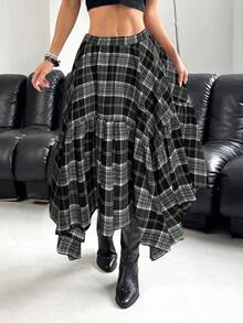 SHEIN EZwear 大码不对称下摆棕色半身裙，初秋 - 黑與白 - 查看 4