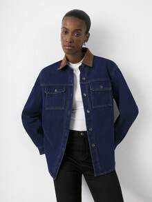 Maija Women's Plush Denim Coat, Contrasting Color Long-Sleeved Shirt, Casual Wear, Dark Blue Loose Denim Top, Thanksgiving