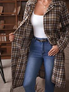 Louniche 女士秋冬休闲复古双色格子大衣，宽松中长百搭外套 - 棕色 - 查看 15