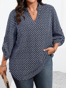 Kemeja Kasual Ukuran Besar untuk Sehari-hari dengan Motif Cetak Seluruh Permukaan dan Kerah Berlekuk, Musim Gugur - Navy Blue - View 7