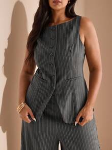 SHEIN BAE 大码女式条纹西装外套，两件套，秋冬 - 黑色 - 查看 5