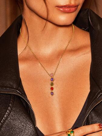 Glisma 18K Gold-Plated 5-Color Long Pendant Necklace, Y2K/For Mom/Women/Girl, Suitable For Fall, Autumn, Winter, Festivals, Holidays, Vacations, Old Money, Halloween,Party,Night Club,Shopping,Vintage,PREMIUM,Zirconia,Rhinstone