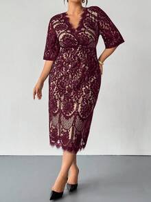Firerie Plus Size Spring/Autumn Comfortable Casual Elegant Resort Underwire Lace Contrast Lining Stretchy Women Long Sleeve Dress For Office Burgundy/New Year - Burgundy - View 5