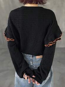 FRIFUL Women's Round Neck Contrast Trim Drop Shoulder Loose Casual Textured T-Shirt - Black - View 4