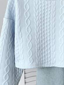 SHEIN Tween Girls' Casual Sporty Versatile All-Match Knit Cable Textured Crew Neck Cropped Loose Pullover Sweatshirt - Baby Blue - View 3