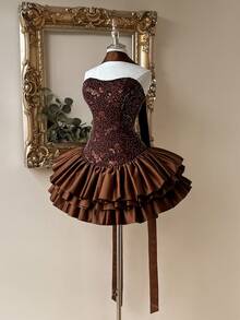 Lovelzi Váy hở vai cổ tim đính đá Rhinestone trang trí eo thắt eo nhiều tầng xếp nếp phong cách vũ công ballet Millennium sang trọng thanh lịch, thích hợp cho đám cưới, dạ hội, tiệc tối, sinh nhật, trở lại trường, trà chiều, triển lãm, sự kiện kinh doanh và các dịp khác - màu nâu - Xem 4