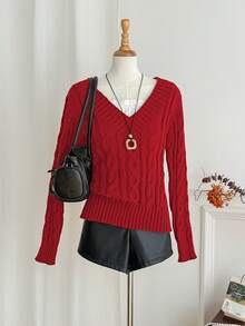 Sweetra 女式简约甜美棕色 V 领粗针织长袖套头衫，秋冬 - 紅色 - 查看 5
