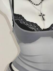 SHEIN ICON 女式红色透明吊带背心，搭配黑色蕾丝细肩带文胸，两件套 - 彩色 - 查看 4