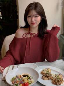 DAZY 秋冬百搭圆领挂脖系带设计宽松女士长袖毛衣 - 酒紅色 - 查看 4