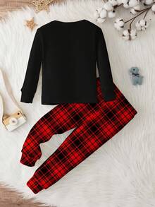 SHEIN طقم بيجامة بياقة مستديرة وأكمام طويلة مناسب للأولاد، قياس ضيق، مناسب للخريف/الشتاء - متعدد الألوان - مشاهدة 4