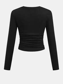 SHEIN Girlism Tween Girls' Black Round Neck Butterfly Print Ruched Waist Long Sleeve Casual T-Shirt, Minimalist Design - Black - View 2