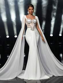 Glamrae Elegant White Elastic Knit Waist Boned Sheer Chiffon Extra Long Mesh Flare Sleeve Luxurious Handmade Rhinestone Fishtail Extra Long Trailing Adjustable Tie Suitable For Wedding Events Bridal Gown - White - View 8