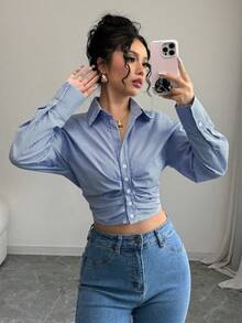 Elenzga Women Casual Striped Ruffle Hem Long Sleeve Blouse, Spring Cropped Shirts Cropped Button Up Striped Cropped Shirt Jeans Top Fall Cloth For Women - Royal Blue - View 6