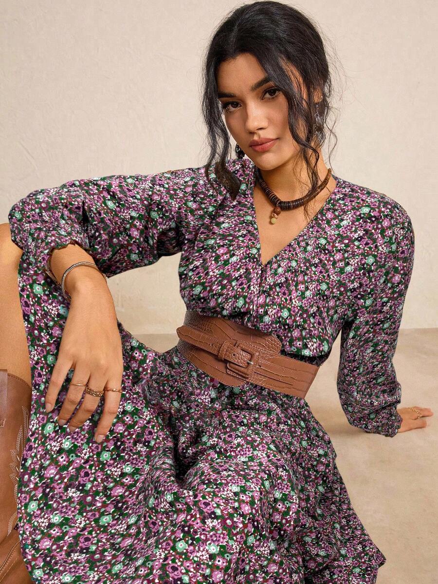 Freevana 大码秋季服装全印花褶皱豹纹长袖连衣裙/秋季连衣裙/秋季女装秋季婚礼宾客连衣裙优雅女士连衣裙商务休闲女士工作连衣裙商务连衣裙 - 中紫紅色 - 查看 1