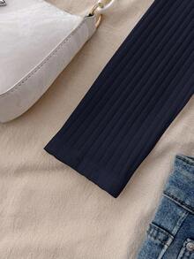 SHEIN 少女百搭休闲纯白针织圆领宽松长袖蕾丝蝴蝶结T恤上衣，返校季可爱长袖上衣，紧身款上衣，方领上衣，黑色长袖上衣 - 藏蓝色 - 查看 7