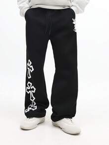 SUMWON Relaxed Fit Sweatpants With Cross Logo Graphics For Casual Everyday Comfort And Style - Black - View 5