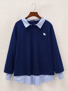 SHEIN EZwear Sudadera de manga larga de talla grande con parches de unicolor y a rayas, 2 en 1 - Azul - Ver 1