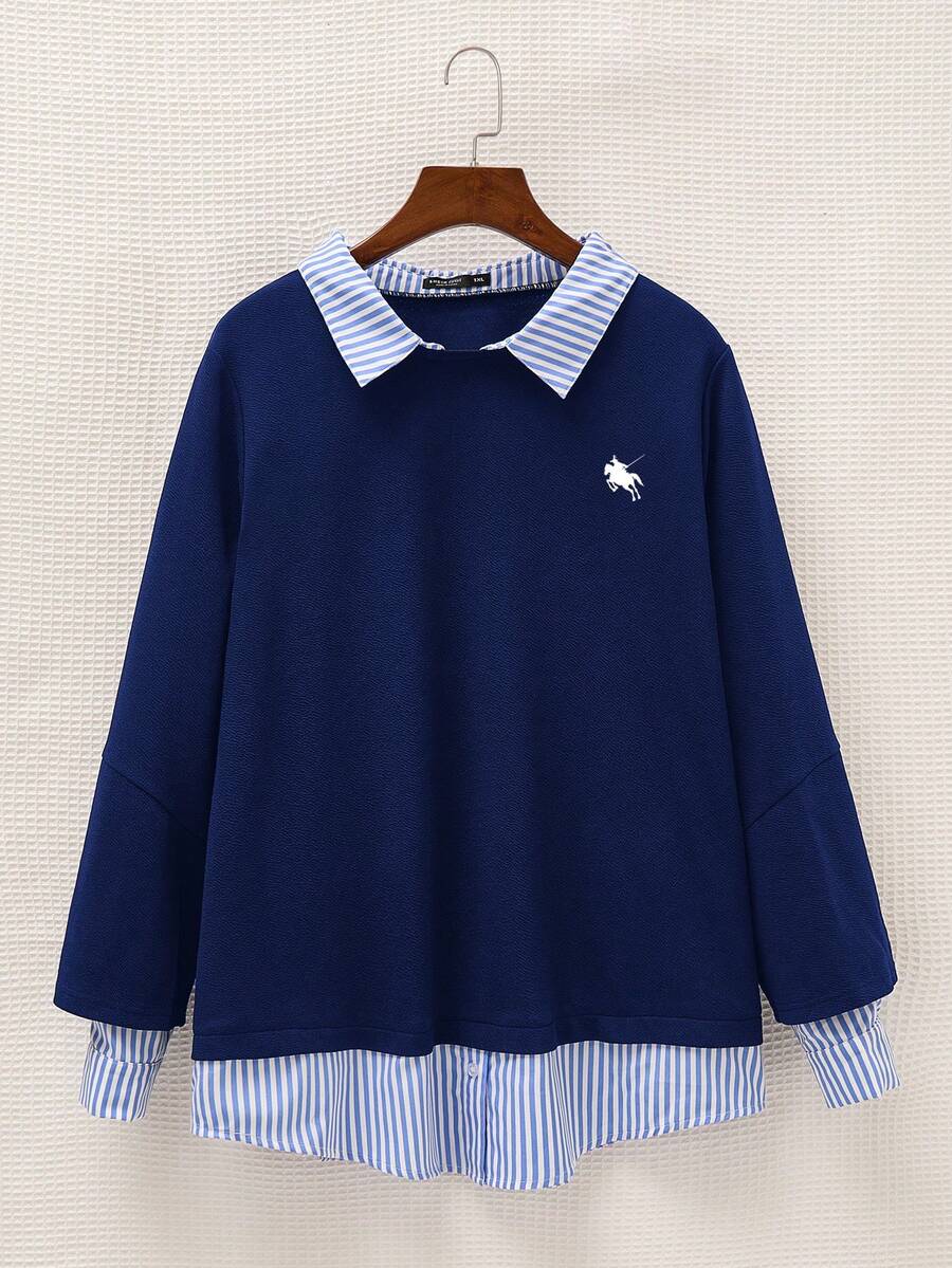 SHEIN EZwear Sudadera de manga larga de talla grande con parches de unicolor y a rayas, 2 en 1 - Azul - Ver 1