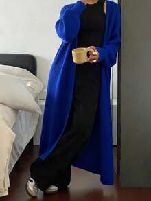 EURMUSE Women's Casual Solid Color Drop Shoulder Cardigan, Autumn/Winter - Blue - View 1