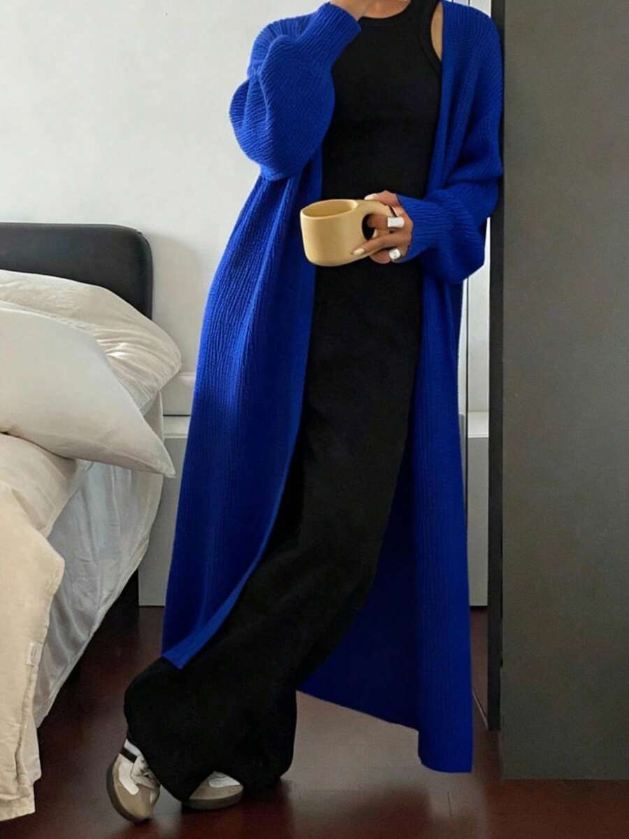 EURMUSE Women's Casual Solid Color Drop Shoulder Cardigan, Autumn/Winter - Blue - View 1