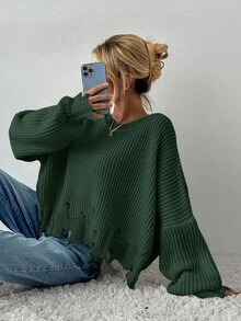 EURMUSE Women Casual Solid Color Distressed Dropped Shoulder Oversized Sweater For Autumn/Winter - Dark Green - View 4