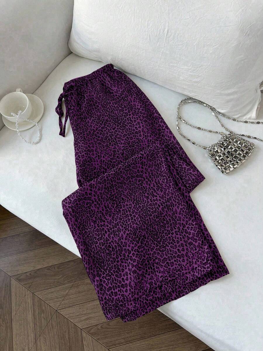 SHEIN Unity 2025 Lightweight Sexy Leopard Print Design Wide Leg Pants, Drawstring Elastic Waist Slimming Straight Leg Trousers, Suitable For Daily Wear, Back To School - Red Violet - View 1