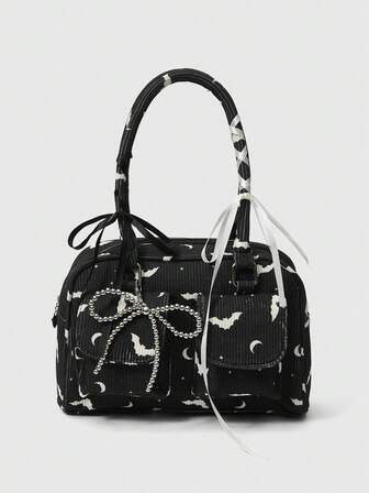 Kawaii 1 Stück schwarze Fledermaus Muster Mode große Kapazität Perle Schleife Handtasche für Frauen